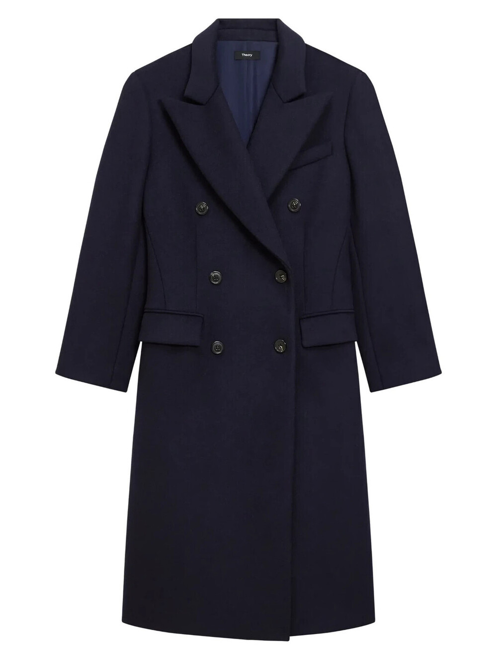 NEW, Theory Peak Lapel Double Breasted Wool Blend Coat in Navy Sz M #W213